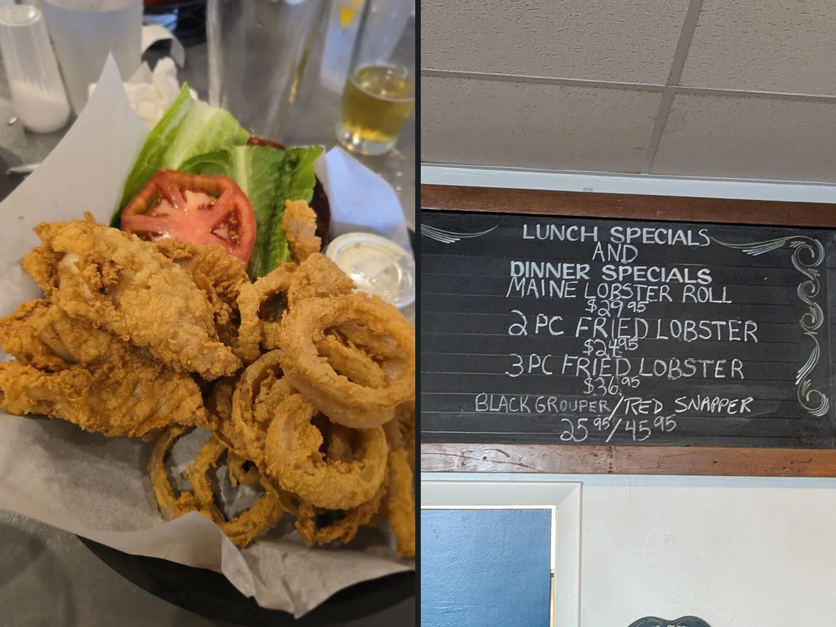 Fresh chowder and fried sides on white plates.