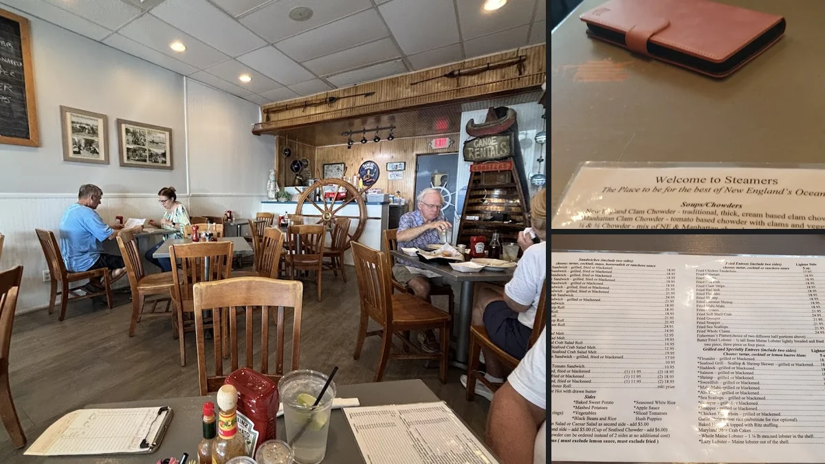 Small restaurant tables with lunch-ready seafood dishes.