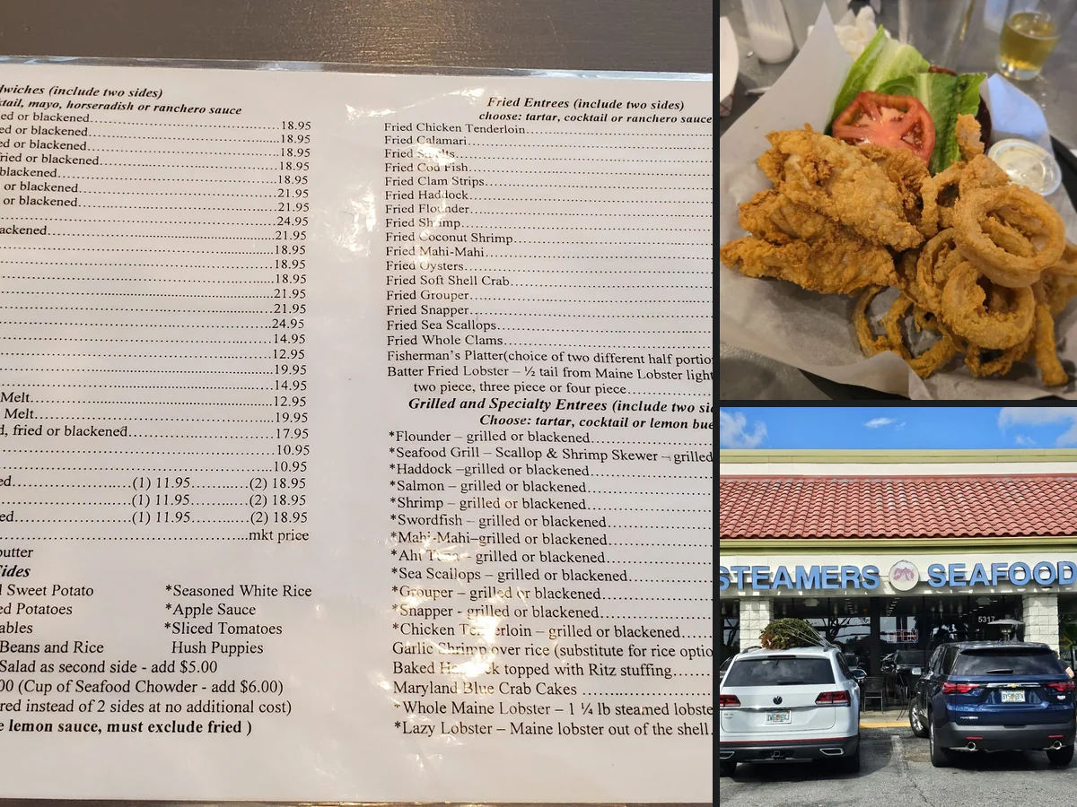 Small restaurant tables with lunch-ready seafood dishes.