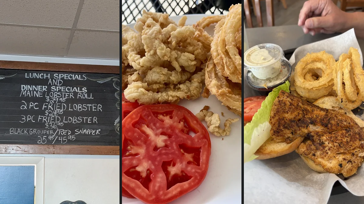 Fresh chowder and fried sides on white plates.